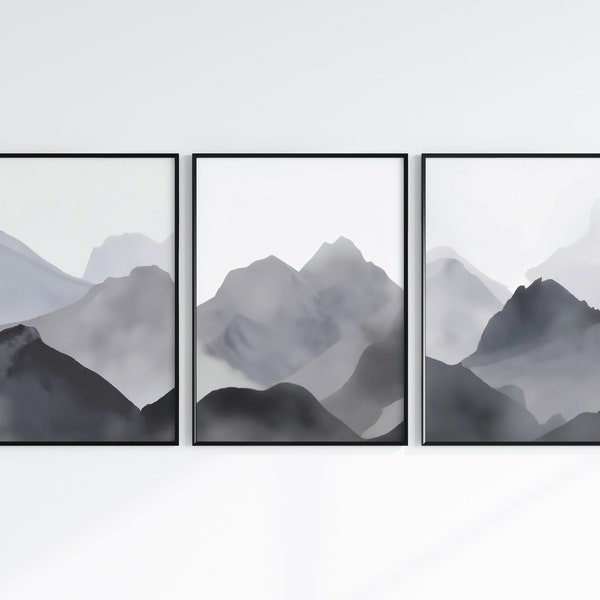 Abstract Mountain Range Prints, Neutral Landscape Watercolor Wall Art, Set of 3, Minimalist Grey Living Room Wall Decor, Printable Art