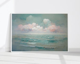 Pastel Ocean Print, Pastel Ocean Painting, Boho Coastal Landscape, Moody Seascape, Printable Art
