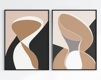 Minimalist Contemporary Art Prints, 2 Piece Prints, Abstract Poster Set, Bedroom Wall Art, Black Beige Wall Art, Black and White Prints