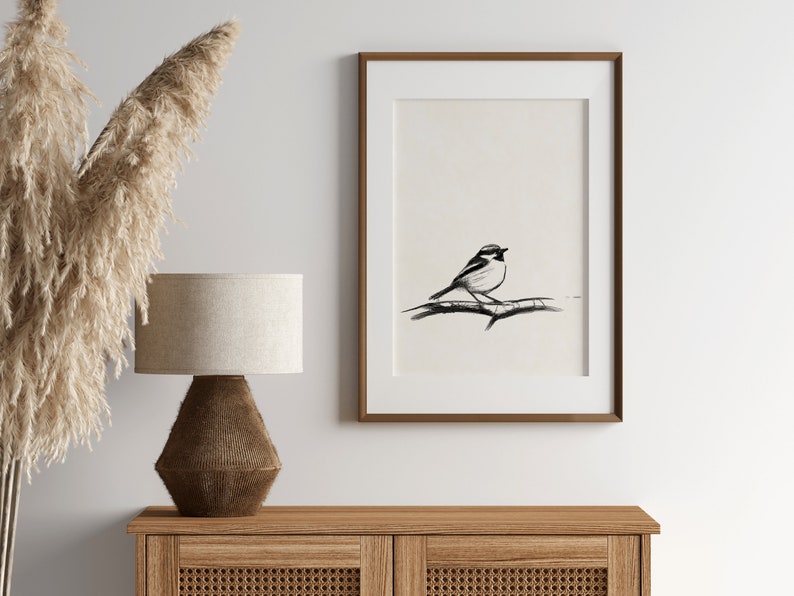 Vintage Black and White Bird Drawing Print, Rustic Sparrow Sketch Wall Art, Simple Bird on Branch Pencil Drawing, Printable Art image 5