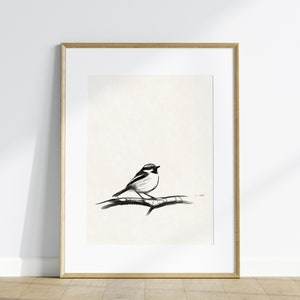 Vintage Black and White Bird Drawing Print, Rustic Sparrow Sketch Wall Art, Simple Bird on Branch Pencil Drawing, Printable Art image 1