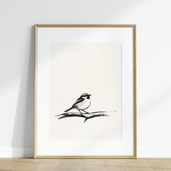 Vintage Black and White Bird Drawing Print, Rustic Sparrow Sketch Wall Art, Simple Bird on Branch Pencil Drawing, Printable Art