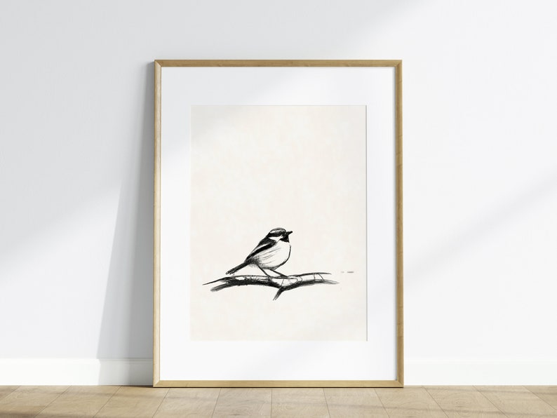 Vintage Black and White Bird Drawing Print, Rustic Sparrow Sketch Wall Art, Simple Bird on Branch Pencil Drawing, Printable Art image 1