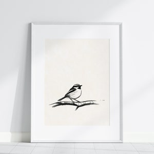 Vintage Black and White Bird Drawing Print, Rustic Sparrow Sketch Wall Art, Simple Bird on Branch Pencil Drawing, Printable Art image 3