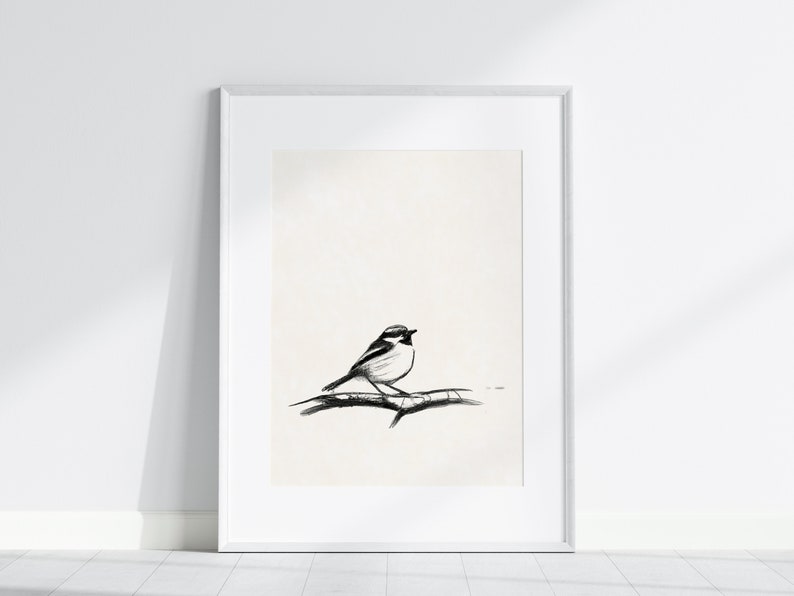 Vintage Black and White Bird Drawing Print, Rustic Sparrow Sketch Wall Art, Simple Bird on Branch Pencil Drawing, Printable Art image 3