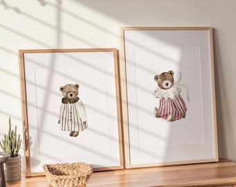 Set of 2 Teddy Bear Prints | Bear Nursery Decor, PRINTABLE Teddy Wall Art, New Baby Gift, Boho Nursery Wall Art, Baby Girl Nursery Poster