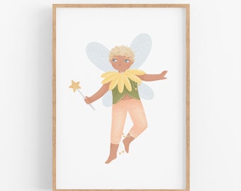 Boy Fairy Print | PRINTABLE Fairy Wall Art, Flower Fairy Art Print, Gender Neutral Wall Art, Whimsical Woodland Nursery Toddler Room Decor