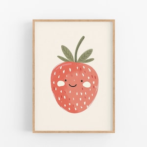 Impresión de fresa sonriente / Arte de pared de fresa IMPRIMIBLE, arte de pared femenino para guardería, decoración de habitación de niño pequeño, decoración de guardería de niña, arte de frutas para niños