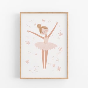 A kids nursery print featuring a pink ballerina dancing with sparkles.