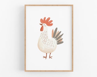 Impresión de pollo / Decoración de guardería de granja imprimible, Póster de animales de granja de gallo, Arte de pared rústico de gallina, Impresiones de granja para sala de juegos, Guardería de bebé niño
