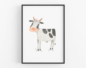 Lámina de vaca para guardería / Decoración de granja imprimible para guardería, póster de animales de granja, arte de pared rústico de granja, impresiones de granja para sala de juegos, guardería de bebé niño