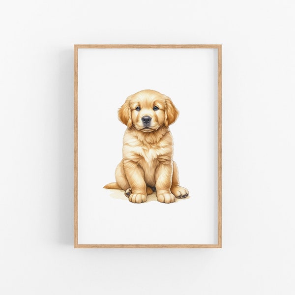 Golden Retriever Puppy Print | Puppy Nursery Print, Golden Retriever Art, Boy Nursery Decor, Baby Girl Nursery Wall Art, Puppy Dog Art Print