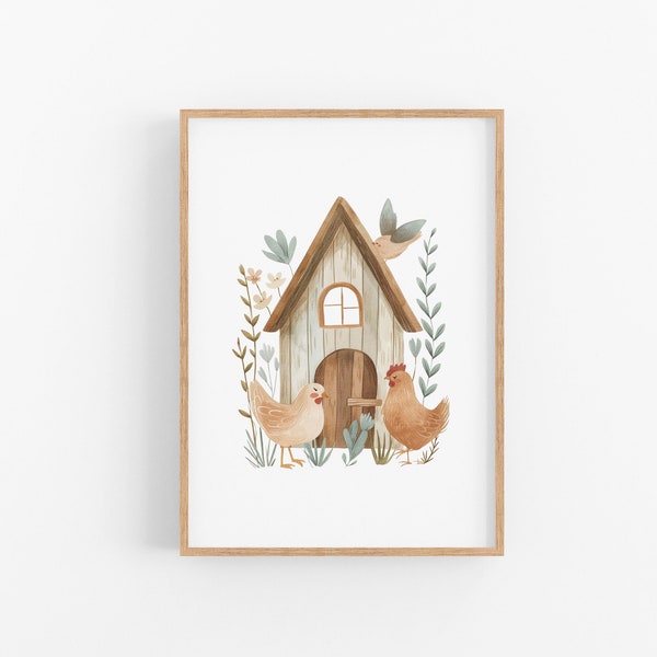 Hen House Print | Printable Farm Nursery Decor, Farm Themed Poster, Hen Wall Art, Cute Barnyard Playroom Decor, Rustic Farmyard Art Print