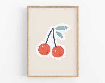 Cherry Print | Printable Cherry Wall Art, Fruit Print, Kids Nursery Wall Art, Boho Wall Art, Cute Cherries Poster, Bohemian Playroom Decor