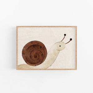 Impresión de caracol de bosque / decoración de vivero de bosque imprimible, arte de pared boho de acuarela digital, lindo cartel de impresión de arte caprichoso neutral de género