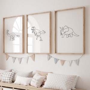 Set of 3 Dinosaur Line Art Prints | Dinosaur Posters, T-Rex Print, Dinosaur Wall Art, Triceratops Brachiosaurus Art Print, Nursery Art Decor