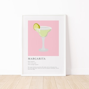 Impresión de margarita, impresiones de carrito de bar, cartel de cóctel retro, arte de pared maximalista rosa, impresiones de alcohol, decoración en colores pastel imprimible, impresión de arte de cocina