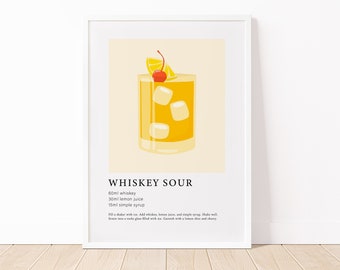 Whiskey Sour Print, Bar Cart Sign, Cocktail Wall Art, Alcohol Prints, College Dorm Decor, Modern Apartment Decor, Bourbon Whiskey Poster
