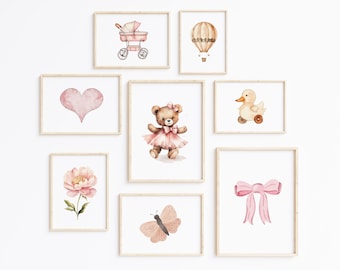 Set of 8 Girls Nursery Prints, Printable Nursery Wall Art Set, Nursery Print Set, Pink Digital Art, Boho Nursery Decor Girl, Baby Room Decor