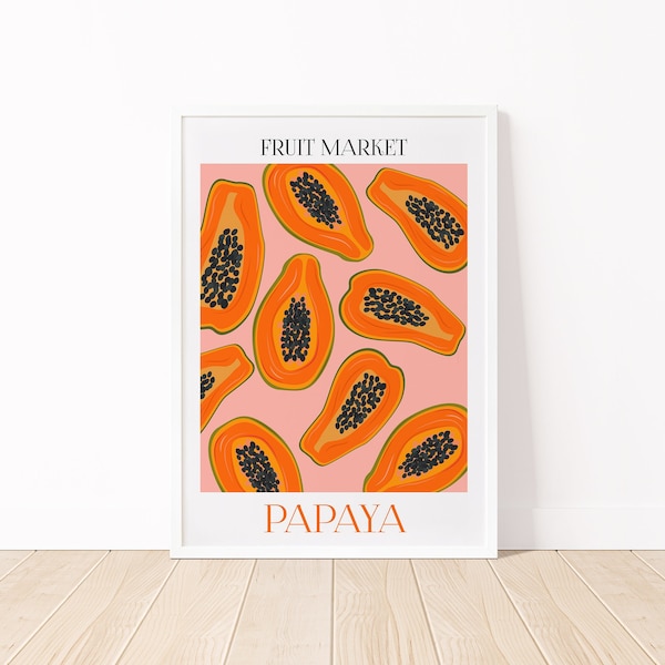Papaya Fruit Market Print | PRINTABLE Botanical Wall Art, Colorful Art, Maximalist Wall Art, Kitchen Art Print, Fruit Art, Quirky Home Decor