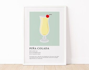 Piña Colada Print, Retro Cocktail Poster, Bar Cart Prints, Printable Pina Colada Poster, Colorful Pastel Alcohol Prints, Kitchen Wall Art