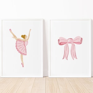 Set of 2 Girls Bedroom Prints | PRINTABLE Ballerina Wall Art, Pink Ribbon Print, Kids Room Decor, Pink Wall Art, Girls Nursery Art