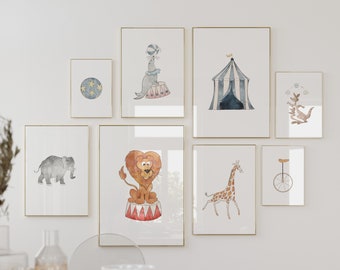 Set of 8 Nursery Circus Prints | Printable Circus Wall Art Prints, Circus Theme Nursery Wall Art, Baby Boy Nursery Art, Nursery Print Set