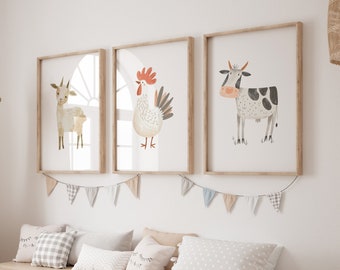 Barnyard Nursery Prints | Printable Farm Nursery Decor, Baby Farm Animals Wall Decor, Gender Neutral Farm House Nursery, Goat, Chicken, Cow