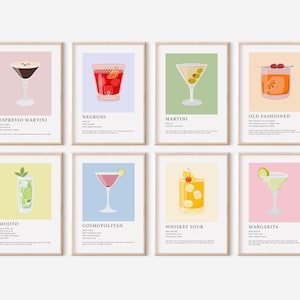 Conjunto de impresiones de cócteles de 8, impresiones de carritos de bar imprimibles, póster de cócteles, conjunto de pared de galería colorido, arte de pared maximalista, kit de collage de pared