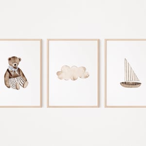 Set of 3 Nursery Prints | PRINTABLE Nursery Wall Art Set Boho Toyroom Playroom Poster Gender Neutral Baby Boy Girl Teddy Bear Cloud Sailboat