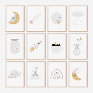 Space Nursery Prints, Set of Printable Space Themed Nursery Wall Art, Bunny Nursery Print, Celestial Moon and Stars Kids Gallery Wall Set