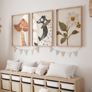 Wald Kinderzimmer Dekor | Boho Galerie Wand Set, druckbares Set von 3 Waldtieren Drucke, Pilz Wandkunst, Dachs Blumen Wand Kunst Druck
