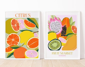 Set of 2 Fruit Prints | PRINTABLE Kitchen Wall Decor, Fruit Market Art, Eclectic Wall Art, Maximalist Decor, Modern Wall Art Botanical Print