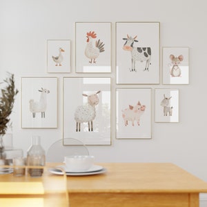 Conjunto de 8 impresiones de animales de granja / decoración de vivero de granja imprimible, carteles de animales de granja, decoración linda de la sala de juegos del corral, conjunto de pared de la galería de animales del bebé