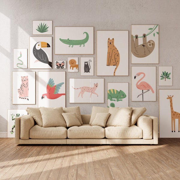 Set of Jungle Theme Nursery Prints, Safari Nursery Decor, Safari Animals Poster, Printable Jungle Wall Art Tropical Nursery Gallery Wall Set