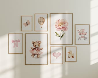 Set of 8 Girls Nursery Prints, Printable Nursery Wall Art Set, Nursery Print Set, Pink Digital Art, Pretty Nursery Decor Girl, Baby Room