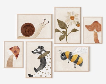 Woodland Nursery Decor, Boho Gallery Wall Set, Printable Set of 6 Woodland Animals Prints, Mushroom Wall Art, Badger Bee Snail Flower Print