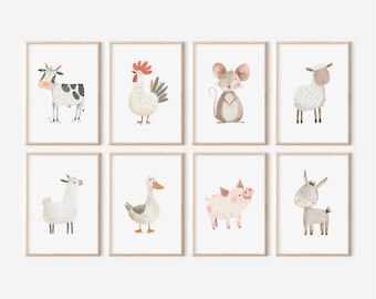 Conjunto de 8 estampados de animales de granja / Conjunto de pared de galería de animales para bebés imprimible, decoración de vivero de granja para niños, carteles de animales de granja, decoración de sala de juegos de corral