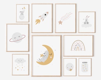 Decoración de vivero de nubes con temática espacial, conjunto de pared de galería para niños imprimible de 12 impresiones digitales, conejito luna y estrellas arte de pared dormitorio para niños pequeños