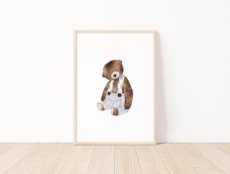 May include: A watercolor illustration of a brown teddy bear wearing blue and white striped overalls. The bear is sitting with its head tilted down and its paws crossed.