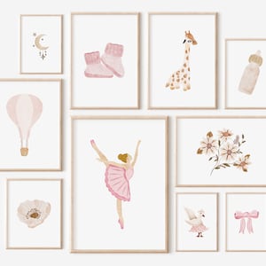 Set of 10 Girls Nursery Prints, Printable Nursery Wall Art Set, Nursery Print Set, Boho Nursery Decor Girl, Pink Digital Art Baby Room Decor