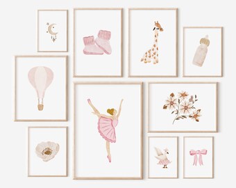 Set di 10 stampe per l'asilo nido per ragazze, set stampabile per l'arte della parete dell'asilo nido, set di stampe per l'asilo nido, ragazza di arredamento per l'asilo nido Boho, arredamento per la cameretta del bambino in arte digitale rosa