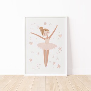 May include: A printable art print featuring a pink ballerina with brown hair and a pink tutu. The ballerina is surrounded by pink flowers and stars.