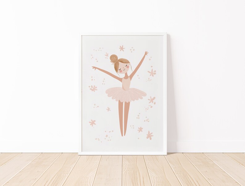May include: A printable art print featuring a pink ballerina with brown hair and a pink tutu. The ballerina is surrounded by pink flowers and stars.