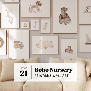 Juego de impresiones de guardería bohemia/paquete de arte de pared imprimible, juego de arte de pared de guardería de género neutro, juego de galería de arte de pared para habitación de bebé niña niño
