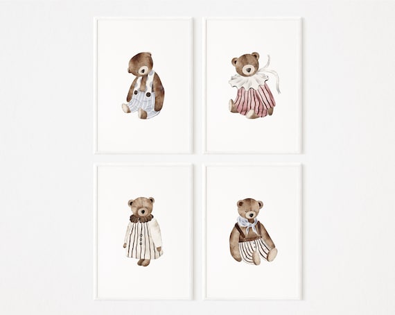 Set of 4 Teddy Bear Prints | Gallery Wall for Nursery, Baby Room Set of Posters, Bear Nursery Decor, PRINTABLE Teddy Wall Art, Boho Nursery
