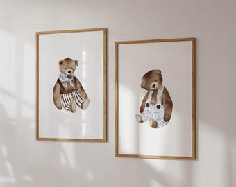 Set of 2 Teddy Bear Prints | PRINTABLE Teddy Wall Art, Bear Nursery Decor, New Baby Gift, Boho Nursery Wall Art, Baby Girl Baby Boy Poster