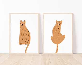 Conjunto de 2 estampados de guepardo, estampados de safari de decoración de vivero temático de la selva, decoración imprimible de la habitación de la selva, arte de la pared de la selva, estampado de jaguar, estampado de leopardo