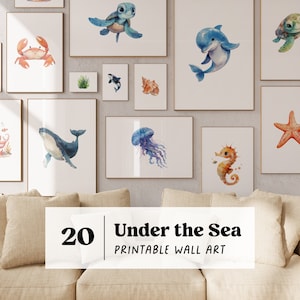 Set von Ozean thematisierten Kinderzimmer-Drucken, druckbare Kinder Beachy Raumdekor, Meerestier-Spielzimmerdekor, nautische Kinderzimmer-Wand-Kunst-Galeriewandset
