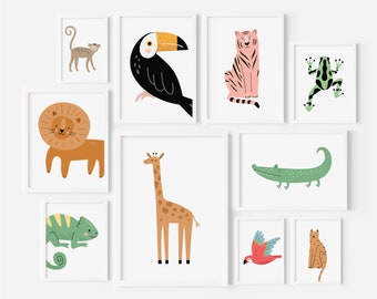 May include: A set of nine framed illustrations featuring various animals, including a lion, giraffe, toucan, tiger, frog, chameleon, crocodile, parrot, and monkey. The illustrations are in a cartoon style and feature bright colors.